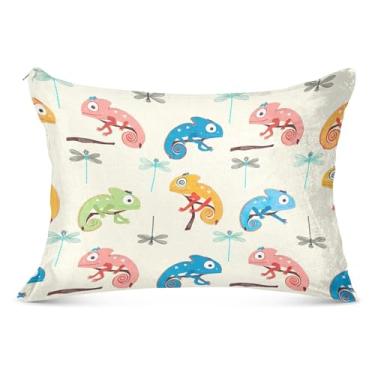 Imagem de Camaleões coloridos libélulas creme fofo fronha com zíper para o corpo fronha padrão queen king fronha linda decoração de almofadas, tamanho Queen, 50,8 cm x 76,2 cm