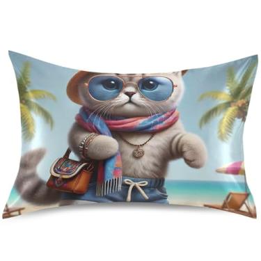 Imagem de Capas de travesseiro engraçadas gatinho fofo de cetim com design deslizante padrão Queen King Size para sofá de cama de casa, tamanho Queen, 76 cm x 50 cm