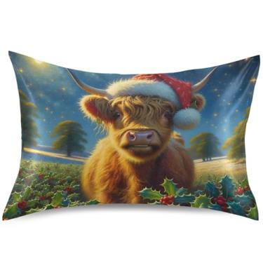 Imagem de Lindas capas de almofada de cetim de azevinho de vaca Highland padrão King Queen capa de travesseiro com estampa fofa refrescante para cama macia, tamanho king, 101,6 cm x 50,8 cm
