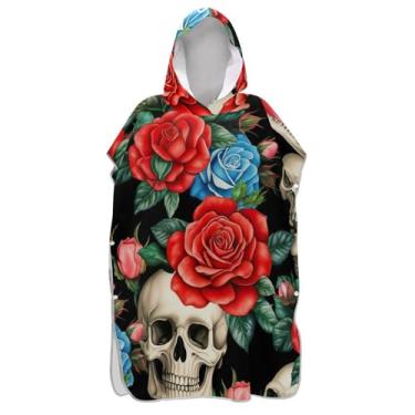 Imagem de TSENQUE Skulls Red Roses Black Surf Poncho Trocador Roupão para Adul Toalha de Praia com Capuz Impressão de Secagem Rápida Unissex Adulto Poncho com Capuz