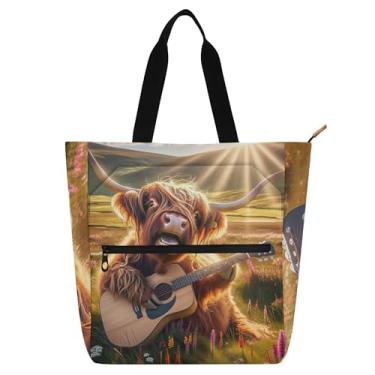 Imagem de GAIGEO Sacola floral engraçada de vaca Highland para mulheres, trabalho, lona, escola, bolsa para livros, bolsas femininas e infantis com compartimentos