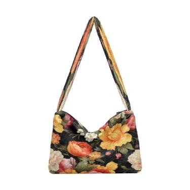 Imagem de Bolsa de ombro com flores laranja e rosa em pelúcia preta, bolsa de ombro para mulheres, bolsas de outono, Flores laranja e rosa em preto-4, One Size