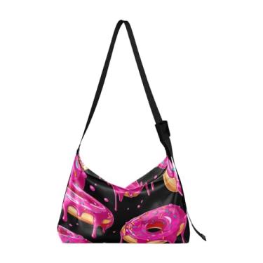 Imagem de Bolsa de ombro masculina de couro com folhas de lavanda em aquarela, bolsa transversal grande, alça de ombro ajustável, Rosquinhas rosa em preto-2, One Size