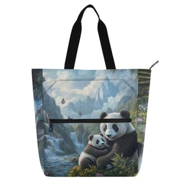 Imagem de GAIGEO Bolsa de trabalho feminina com estampa de panda, mãe, paisagem, lona, praia, com zíper, bolsa infantil fofa com compartimentos