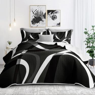 Imagem de Jogo de cama king preto e branco com 2 fronhas, conjunto de edredom listrado moderno, estampa clássica, cobertor cinza e branco, 246 x 266 cm