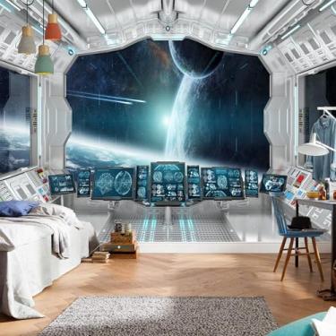 Imagem de FLFK Papel de parede com vista interior de nave espacial 3D universo oficina espaço sideral papel de parede ciência explorar estação murais de parede para quarto de crianças papel de parede berçário