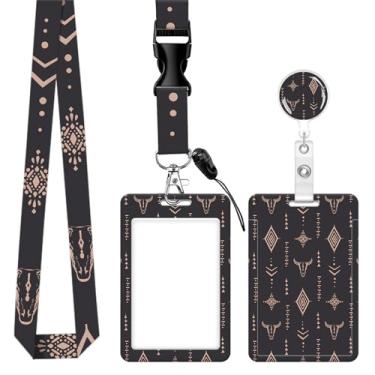 Imagem de Porta-crachá de identificação com cordão, carretel retrátil moderno com cordões ajustáveis, para mulheres, crianças, professores, enfermeiros, estudantes (Boho Bull Skull)