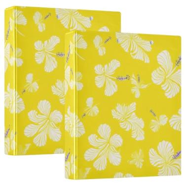 Imagem de Fichários de 3 anéis amarelos de flores de hibisco branco personalizado 3 cm comporta 200 folhas, pastas, portfólio, anel redondo, fichário de escritório, 31,5 x 27 x 6 cm, 1 pacote