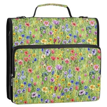 Imagem de Bolsa organizadora de fichário floral colorido com zíper e alça de ombro, 3 anéis de 3 anéis de 3 cm D para armazenamento de documentos de viagem, escola, escritório, viagem