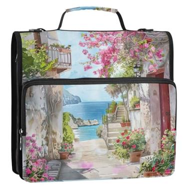 Imagem de Fichário de 3 anéis com estampa floral mediterrânea de 3,8 cm com zíper e alça de ombro para portfólio escolar e suporte de pasta de anel