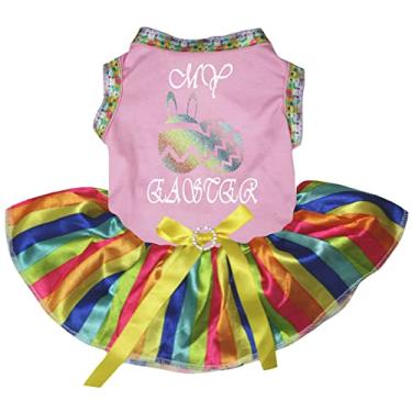 Imagem de Petitebella Vestido para cachorro My Eggs Easter Puppy (Rosa/listras arco-íris, XXXG)