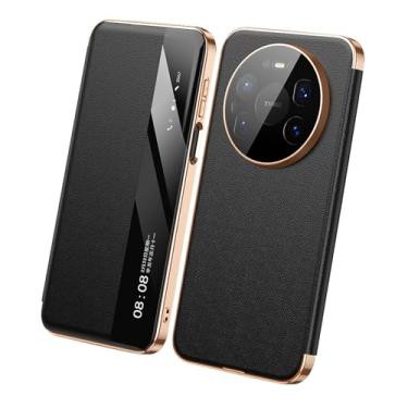 Imagem de FWYANZH Capa de couro genuíno para Huawei Mate 80 Pro Max/80 Pro/80, Smart Clear View Window Flip Cover Proteção da câmera Fecho magnético Capa de luxo, preta, 80 Pro