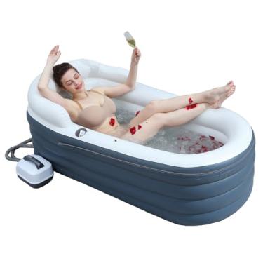 Imagem de Banheira inflável para adultos com tapete de bolhas de ar, banheira de imersão portátil para spa de 166 cm com luzes LED românticas, suporte para travesseiro/encosto/braços (bomba de ar incluída)