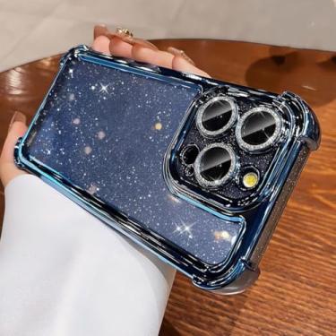 Imagem de Capa de silicone transparente com glitter de luxo para iPhone 13 12 11 14 15 16 17 Pro Max Air 16 Plus com revestimento em TPU à prova de choque e airbag (para iPhone 14 Plus/Azul)