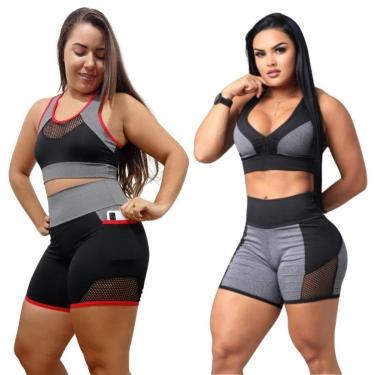 Imagem de Kit 2 Conjuntos Fitness Feminino Top e Short com e sem Bolso-Feminino