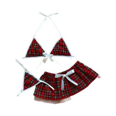 Imagem de Conjunto De Lingerie Cosplay De Escolar Com Estampa Xadrez Vermelha, U
