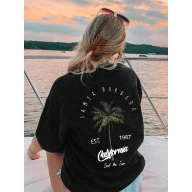 Imagem de Camiseta Feminina De Verão Em Algodão Com Estampa De Palmeira De Coco 