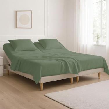 Imagem de Jogo de lençóis King com parte superior dividida para camas ajustáveis, 800 fios, 100% algodão egípcio, 4 peças, bolso profundo de 45,72 cm - Dividido 86,4 cm a partir do topo - Sólido sálvia