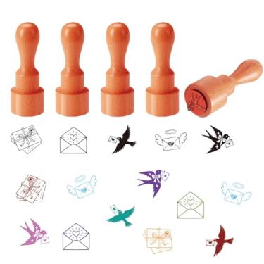 Imagem de AHANDMAKER 5 estilos de mini carimbos de borracha de madeira, letras de pombo-correio e padrões de envelopes, carimbos de alça redonda, carimbos decorativos de madeira para artesanato faça você mesmo
