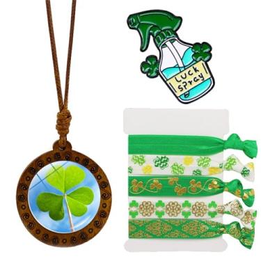 Imagem de MALOYANVE Colar de Dia de São Patrício Broche, Pulseira/Cordão de Cabelo para Mulheres Vintage Colar de Trevo de Madeira Broche de Metal Moda Pulseira Saint Pat Lucky St. Patrick's Day Acessório Joias