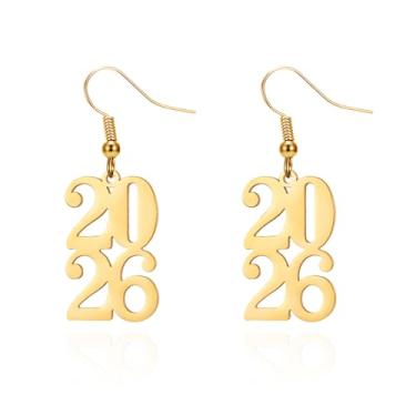 Imagem de Brincos femininos pendentes de feliz ano novo de 2026 em aço inoxidável banhado a ouro delicado número pendurado brinco minimalista moda festival celebração festa joia, Small, Metal, Sem pedra