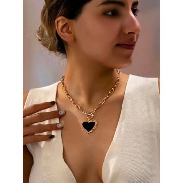 Imagem de Colar com pingente feminino, corrente em forma de coração, com fivela OT, adequado para uso diário e dia dos namorados, preto
