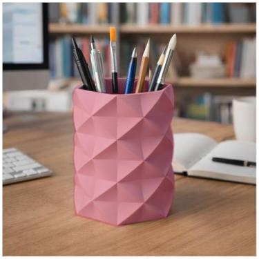 Imagem de Porta Canetas, Lápis, Pincel Geométrico Low Poly, Design Moderno, Organizador de Mesa, Estilo Minimalista (Rosa)