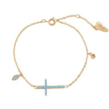 Imagem de Pulseira de cruz turquesa para mulheres, moderna, delicada, banhada a ouro 18 K, Faith com pingente de olho turco, pulseiras ajustáveis de elos de corrente de cristal de zircônia cúbica moderna joia