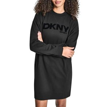 Imagem de DKNY Vestido feminino de lã de manga comprida gola alta com logotipo flocado, preto, grande