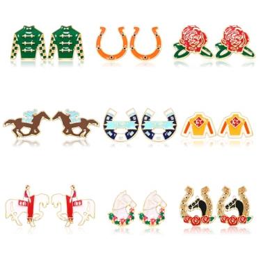 Imagem de YAHPERN 6/9 pares de brincos Kentucky Derby, traje de equitação, cavalo, rosa, brincos femininos Kentucky Derby, acessórios de joias, presentes, Zinco, Sem pedra preciosa