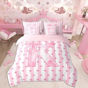 Imagem de Feelyou Conjunto de edredom completo com laço rosa, para crianças, meninos, meninas, letra K, 7 peças, conjunto de cama de princesa em uma bolsa, laço kawaii, alfabeto, decoração de quarto, lindas