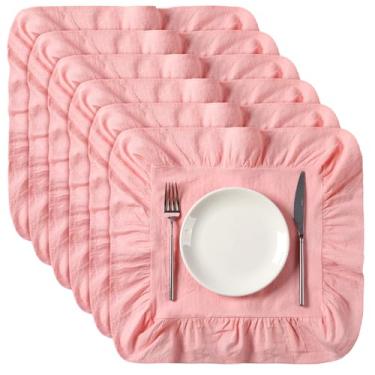 Imagem de Patelai Jogo americano com babados rosa, 6 peças, tapete de mesa redondo de tecido de algodão de 15,8 polegadas, casa de fazenda, rústico, borda com babados, decorativo, lavável, para casamento, festa