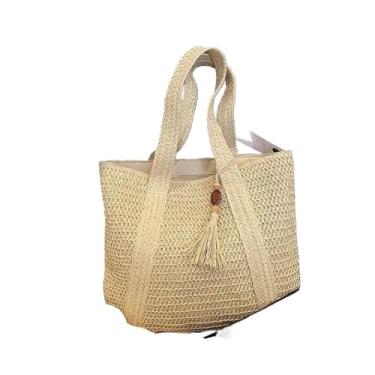 Imagem de Bolsa feminina elegante de tecido de palha feminina para férias na praia viagens casuais bolsas de ombro retrô, Branco claro, One Size