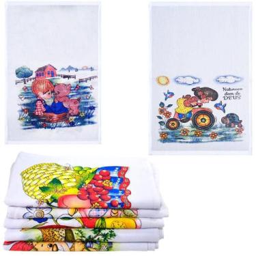 Imagem de Kit 10 Pano Prato Algodão Estampas Sortidas 60X35Cm - Caebitex