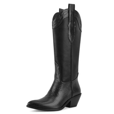 Imagem de VOZTOLLS Botas de cowboy ocidentais para mulheres, cano alto, bico fino, salto grosso, moderno, retrô, clássica, sem fecho, bota alta para mulheres, outono e inverno, Preto, 38