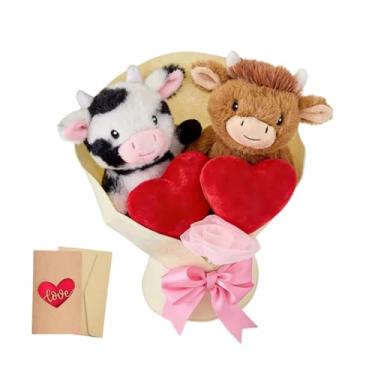 Imagem de Bouquet de pelúcia Highland Cow Dia dos Namorados, buquê de pelúcia eterno de 33 cm com 2 fofas vacas de pelúcia e corações vermelhos, presentes exclusivos de Dia dos Namorados para crianças