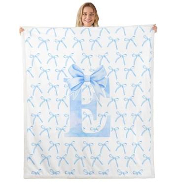 Imagem de Cobertor infantil com laço de desenho animado, gravata borboleta azul letra E nó princesa meninas mulheres cobertor de cama, aquarela laço patchwork azul branco cobertor felpudo tamanho solteiro (152