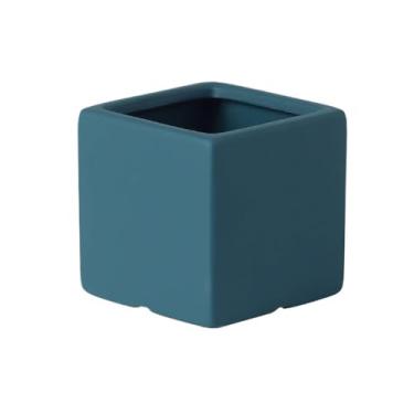 Imagem de KEG801302 Vaso de flores de cerâmica azul, vaso pequeno de mesa quadrado com recipiente de plantas de drenagem, para decoração de jardim doméstico e escritório, plantador de 14 cm