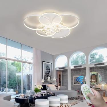 Imagem de Luminária de teto LED grande em formato de anel, moderna, para sala de estar, com controle remoto para dimerização, 110W, com iluminação mapeável, em metal preto, 3000K-6500K, lustre criativ