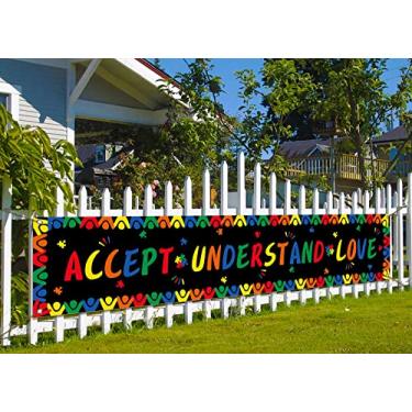 Imagem de Nepnuser Faixa de conscientização do autismo Aceite compreenda o amor decoração abril quebra-cabeça peça grande casa jardim fora do quintal placa pendurada - 0,5 x 2,5 m