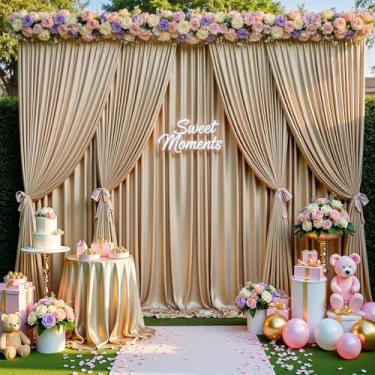 Imagem de PartyVillage Cortina de fundo de lantejoulas douradas champanhe de 50 x 3 m com cordão de luzes – 4 painéis de 1,5 x 3 m, brilhante, sem rugas, glitter para casamento, aniversário, fotografia