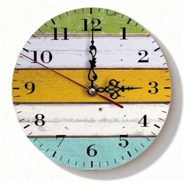Imagem de Relógio de parede vintage listrado de madeira - amarelo azul-petróleo branco Shiplap silencioso sem tique-taque decoração para casa de fazenda sala de estar escritório - Detalhe rústico de casa - 19