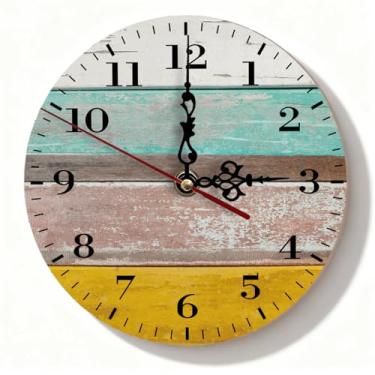 Imagem de Relógio de parede de madeira turquesa e marrom - Shiplap silencioso sem tique-taque decoração rústica para casa de fazenda, cozinha, escritório em casa - 19 cm