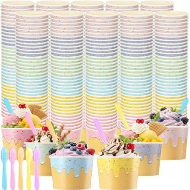 Imagem de Jingmore 240 peças de copos de sorvete de papel a granel com colheres tigelas descartáveis de sorvete de papel para sobremesa, lanche, sopa de iogurte, suprimentos de festa de verão (170 g)