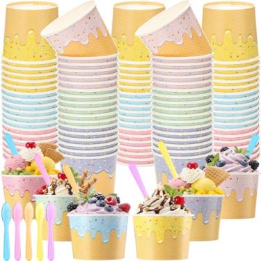 Imagem de Jingmore 60 peças de copos de sorvete de papel a granel com colheres tigelas descartáveis de sorvete de papel para sobremesa, lanche, sopa de iogurte, suprimentos de festa de verão (170 g)