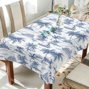 Imagem de ALAZA Toalha de mesa retangular 137 x 137 cm, toalha de mesa de palmeira tropical azul lavável, toalha de mesa de jantar decorativa para festa, casamento, piquenique