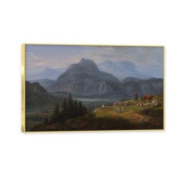 Imagem de NHLDZYH Moldura dourada. Reprodução de arte de alta qualidade J.C. Dahl Pintura de paisagem romântica Imagem em tela emoldurada Presente elegante para conhecedores de arte. (Paisagem 33). 30 x 48 cm.