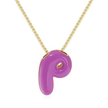 Imagem de KissYan Colar com letras de bolha, banhado a ouro 14 K, pingente de caixa com inicial de balão colorido, joia delicada para presente, Adjustable, Cobre, Sem Pedra Preciosa