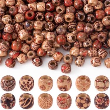 Imagem de OIIKI 200 peças de contas de madeira impressas de 12 mm para artesanato, contas de cabelo de madeira natural com orifício grande, pingentes espaçadores redondos vintage para artesanato faça você mesmo