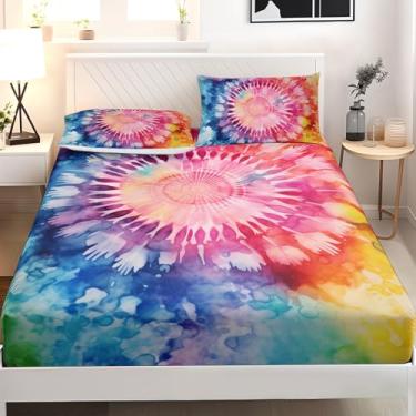 Imagem de AILONEN Jogo de lençol tie dye para decoração de quarto, arte abstrata espiral colorida, tamanho casal, boêmio, estilo hippie, aquarela, 1 capa de bolso profundo e 2 fronhas